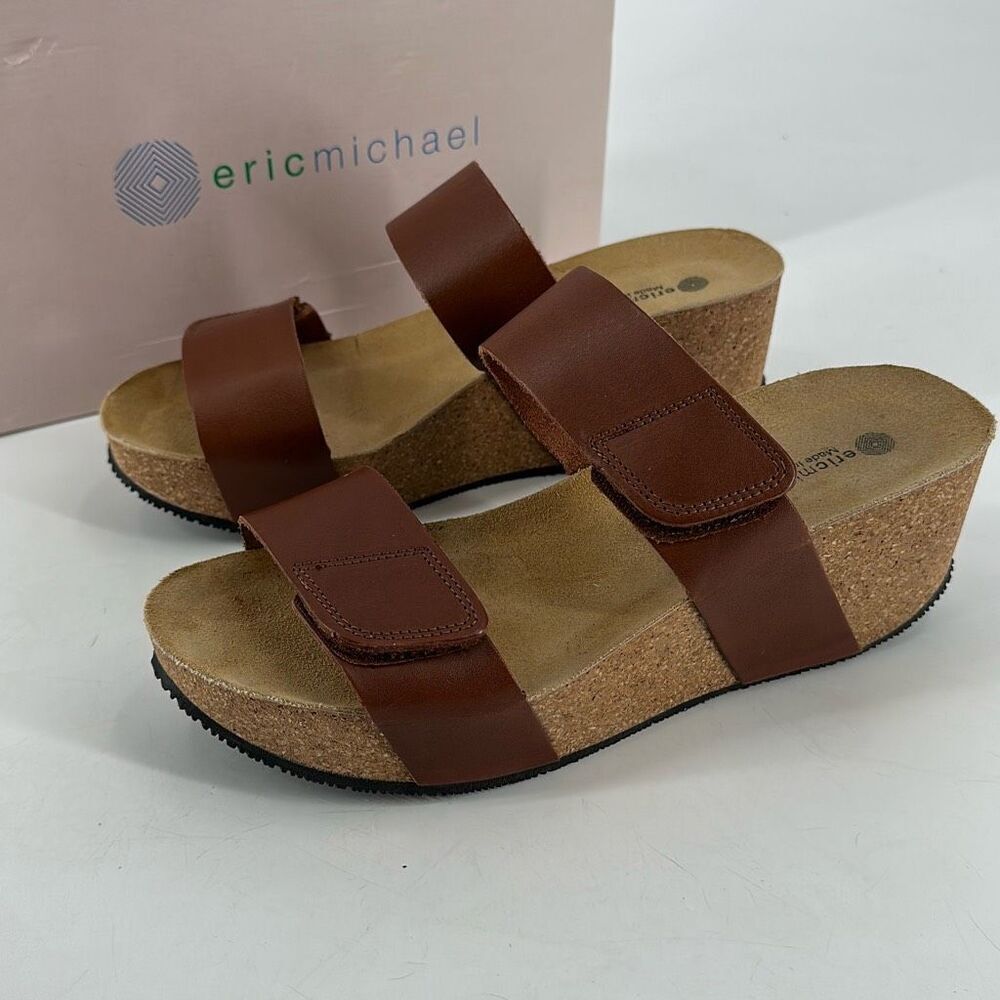 NIB Eric Michael Liat Women's Leather Strap Platform Wedge Sandals Brown Size 10